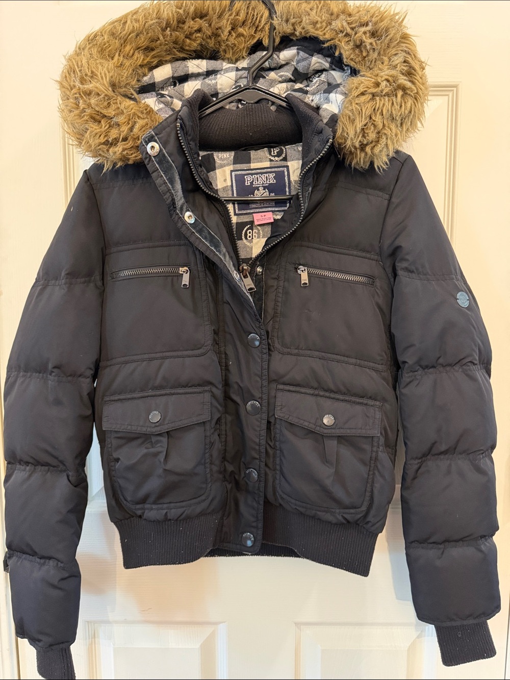Victoria’s Secret Pink Black Puffer Jacket with Faux Fur Hood Size S